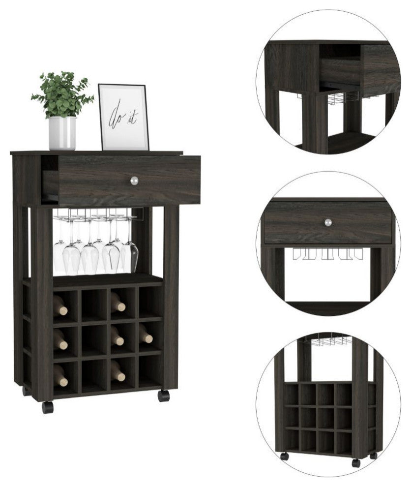 Ace Bar Cart with 12 Wine Cubbies, 4 Legs, and Open Shelf, Carbon Espresso
