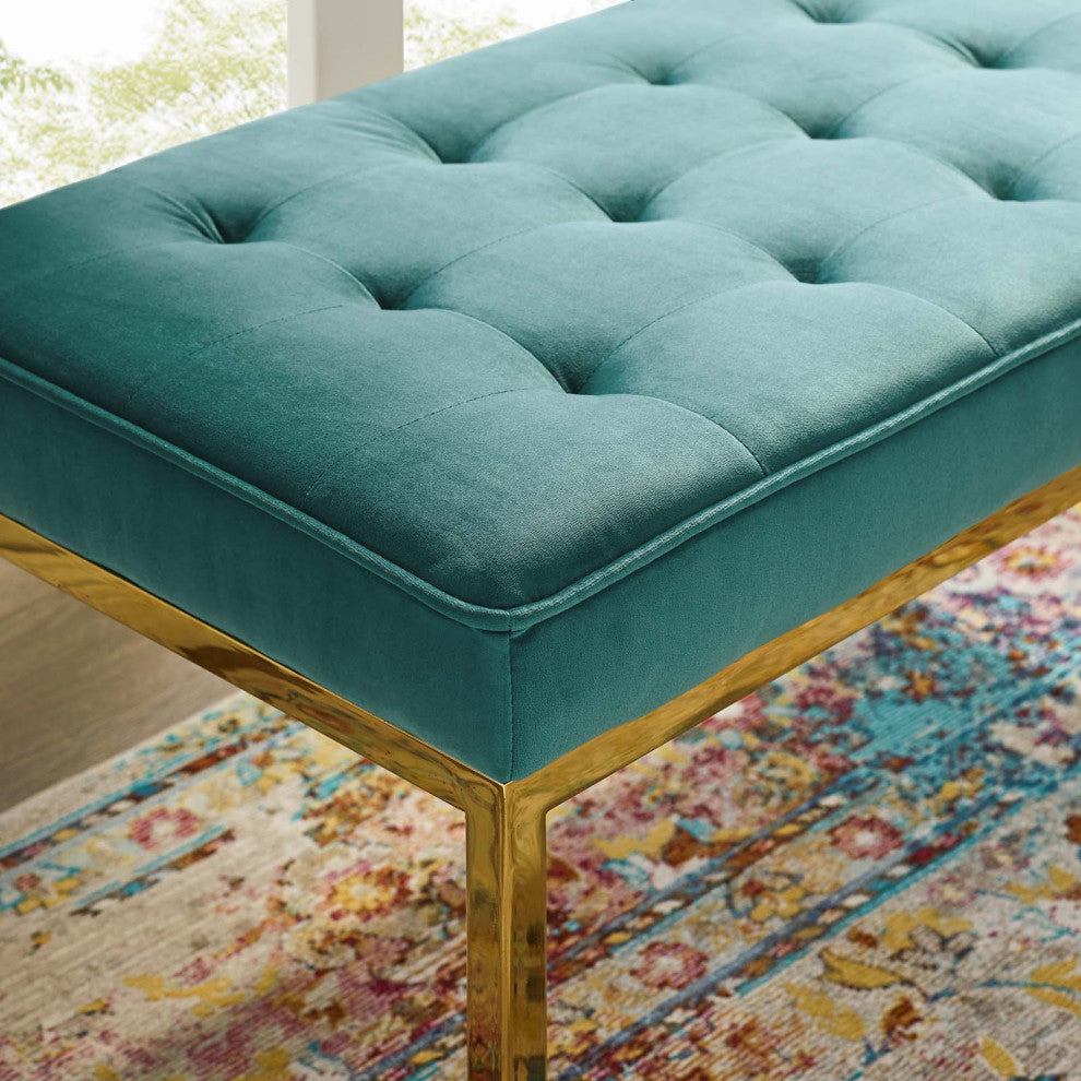 Modern Designer Lounge Accent Chair Bench, Velvet Fabric, Gold Aqua Blue