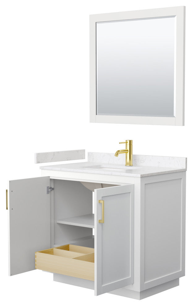 36"SGL Vanity White, LV Carrara Cult. Marble Top, Sink, Gold Trim, 34"Mirror