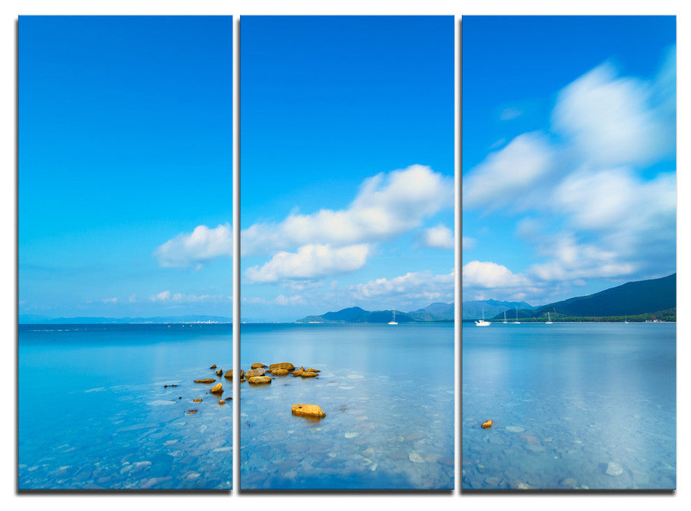 "Rocks in a Blue Panoramic Sea Bay" Metal Wall Art, 3 Panels, 36"x28"