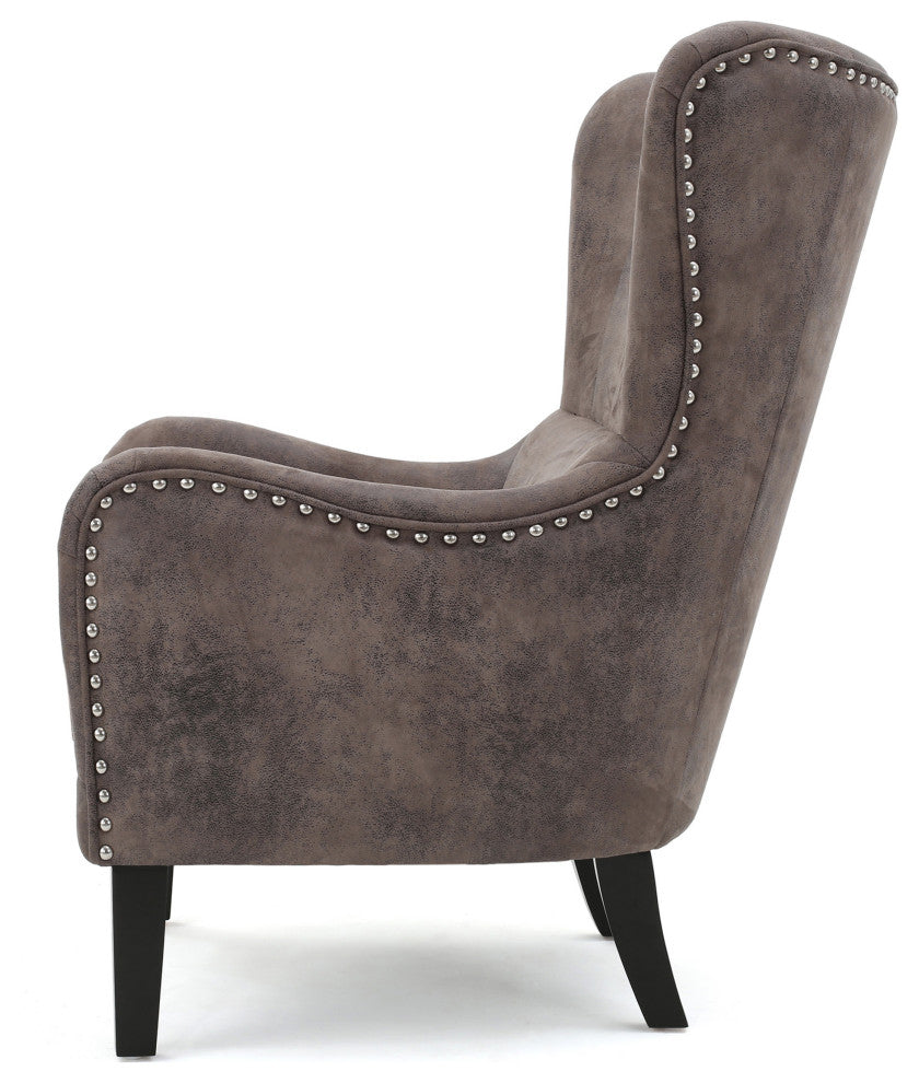 Lorenzo Contemporary Wingback Club Chair With Nailhead Trim, Gray Brown