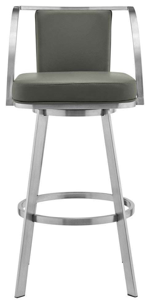 Livingston Gray Faux Leather and Brushed Stainless Steel Swivel Bar Stool, 30"