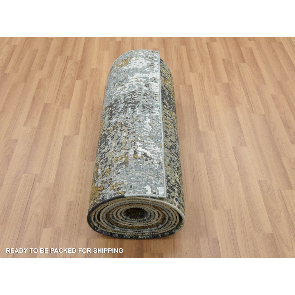 Battleship Gray Soft Wool Hand Knotted Abstract Design XL Runner Rug, 2'6"x20'