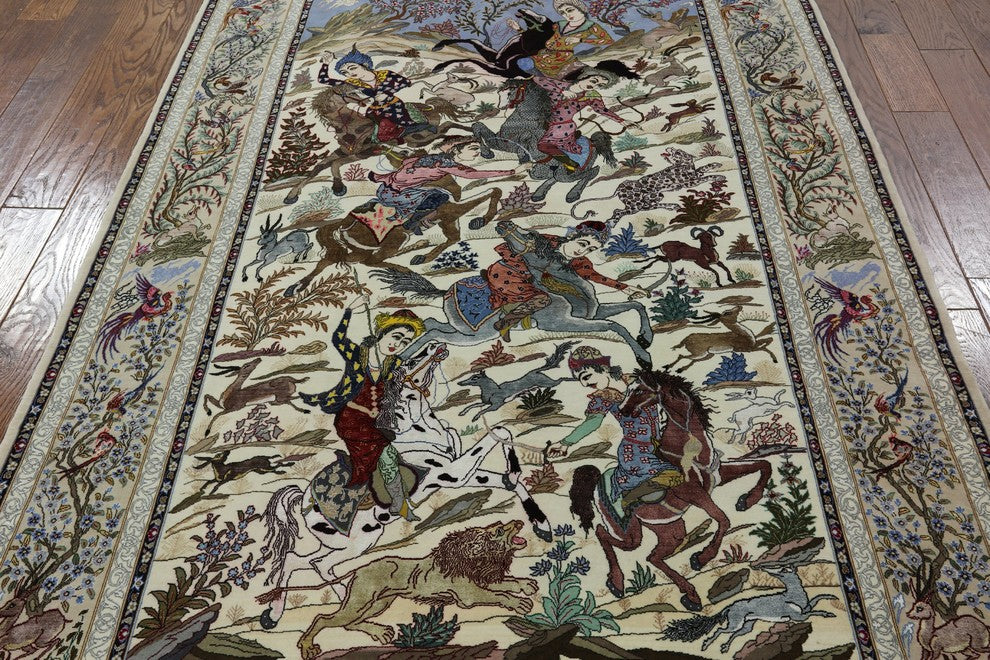 Hunting Scene Hand Knotted Wool/Silk Signed Authentic Persian Isfahan Rug, 5x8