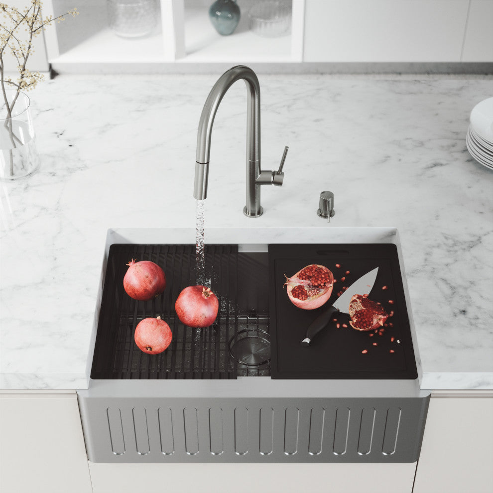 Oxford Single Bowl Slotted Apron Farmhouse Kitchen Sink and Accessories, 30" L X 21" W