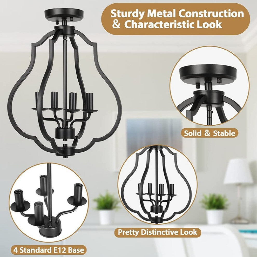 4 Light Farmhouse Ceiling Light, Vintage, Black, Industrial, Flush Mount