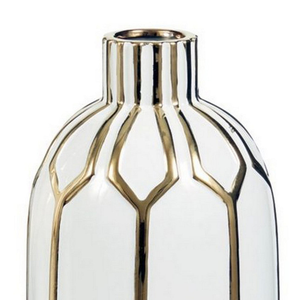 Benzara BM246946 Vase With Honeycomb Geometric Design, 2-Piece Set, White/Gold