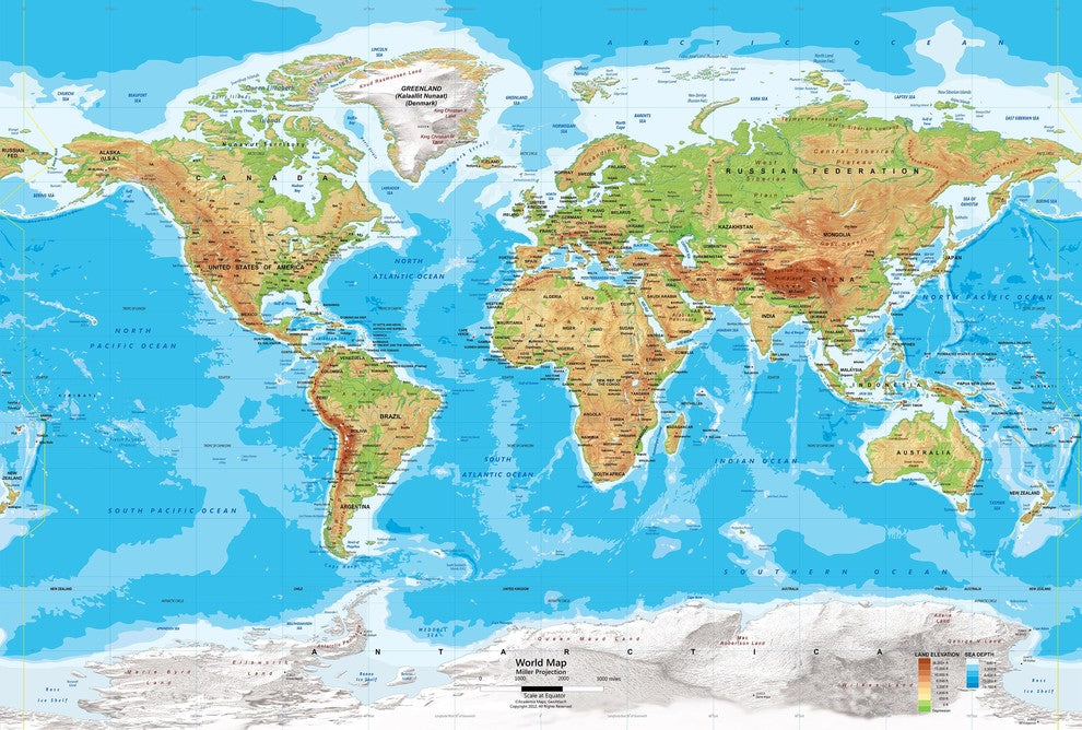 World Map Wall Mural, Physical, Miller Projection, 3 panel, 107"x72"