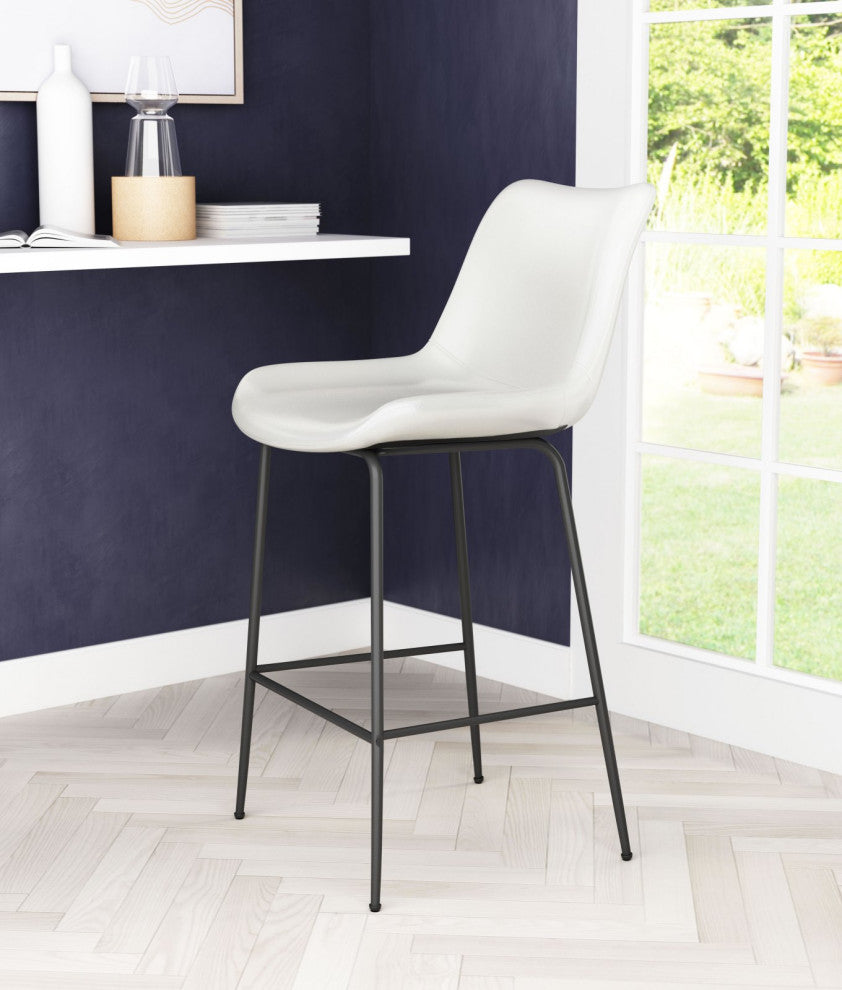 Counter Stool Chair, Faux Vinyl Leather, Steel, White, Black, Mid Century Cafe