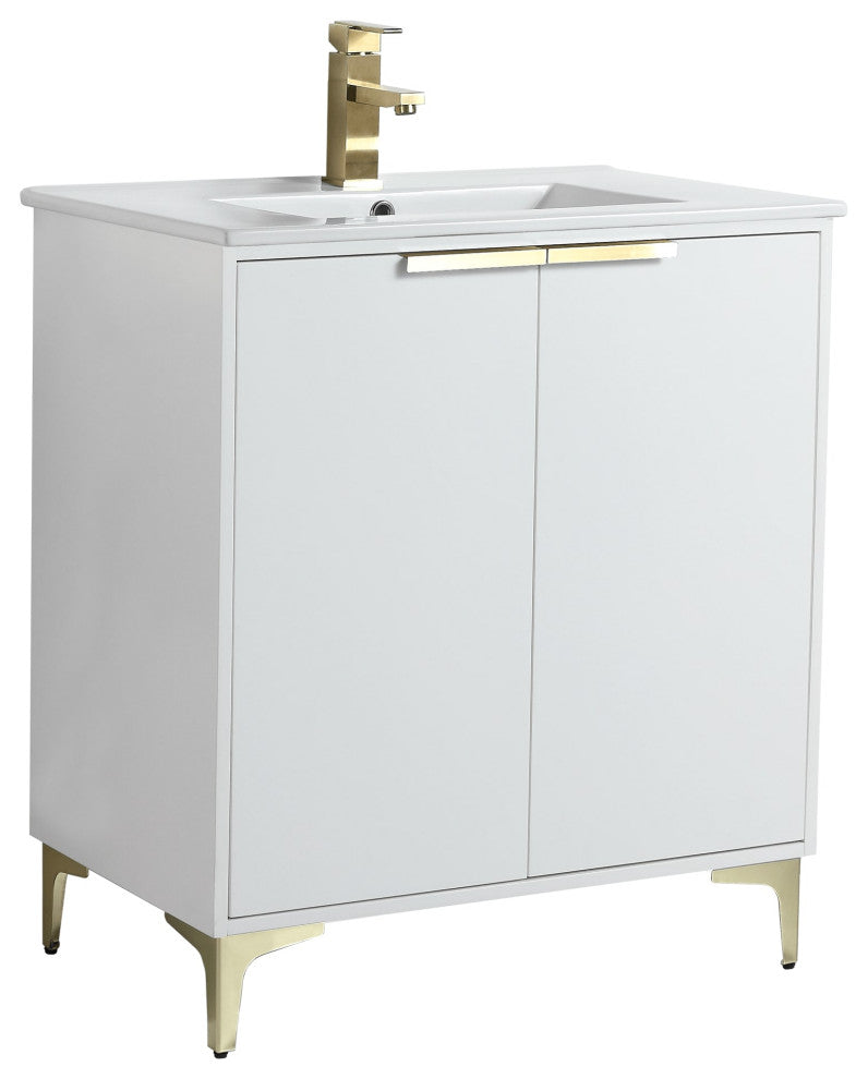 Wilmington Bath Vanity, White Matte, 30 Inch, Satin Brass Hardware