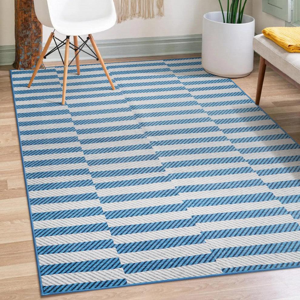 My Magic Carpet Washable Rug Tratti Offset Stripe Blue, 5' X 7'