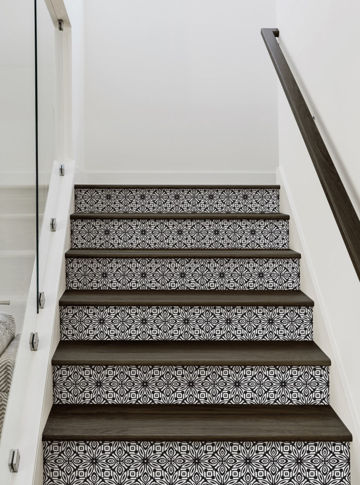 Geo Flowers Peel and Stick Stair Riser Strips, Black, 48"w X 7"h, 6 Sheet