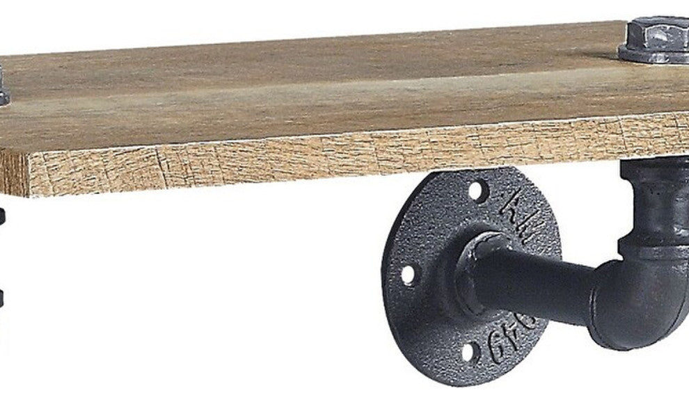 Benzara BM275481 18" Wood Wall Mount Shelf, Metal Pipe Design, Brown/Black