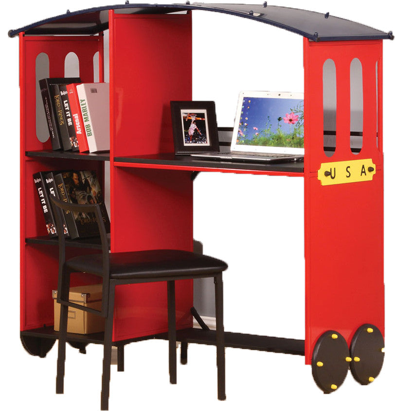 Desk and Bookcase, Red and Black MDF, Metal Red and Black