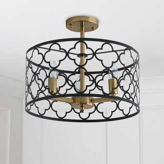 3-Light Geometric Metal Frame Drum Shape Semi Flush Mount Lighting