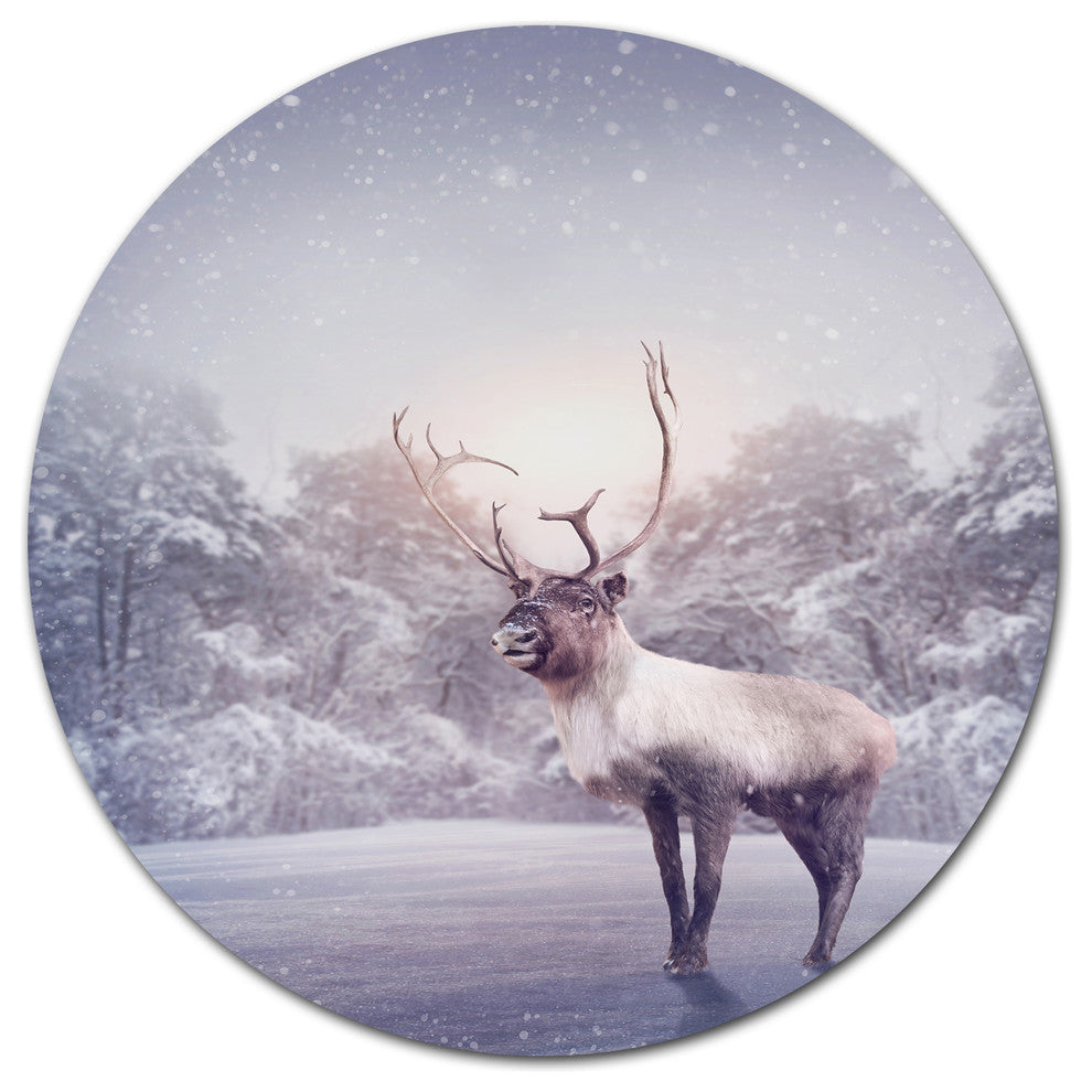 Huge Reindeer Standing In Snow, Animal Round Wall Art, 11"