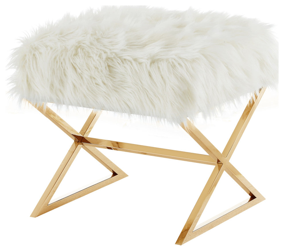 Oria Faux Fur X-Leg Gold Base Ottoman, White/Gold