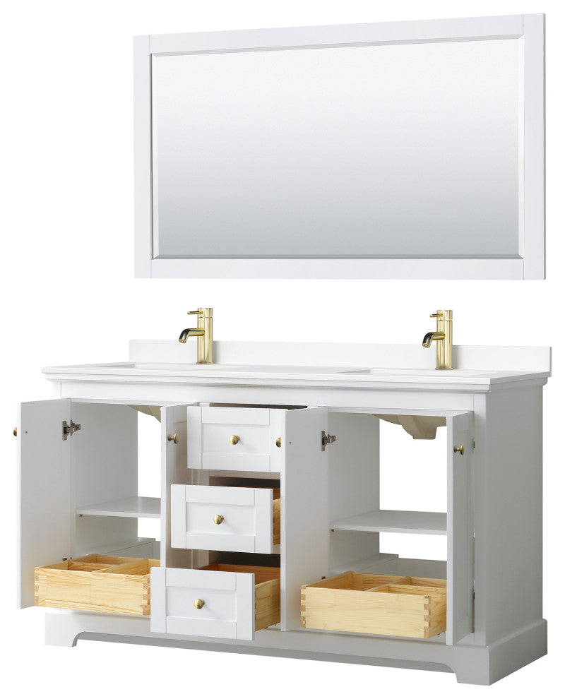 60"DBL Vanity White, White Cult. Marble Countertop, Sinks, 58"Mirror, Gold Trim