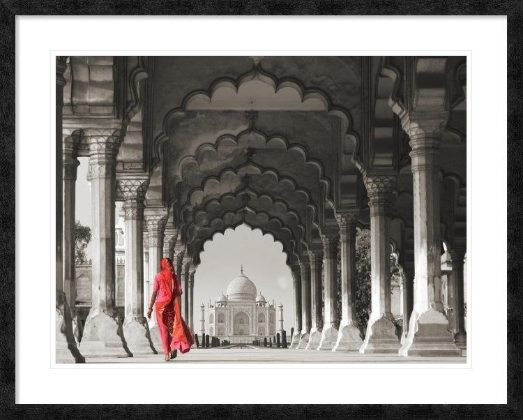 Woman in traditional Sari walking towards Taj Mahal (BW), 40"x32"