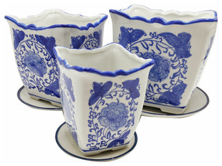 Blue and White Painted Porcelain Planters, 3-Piece Set