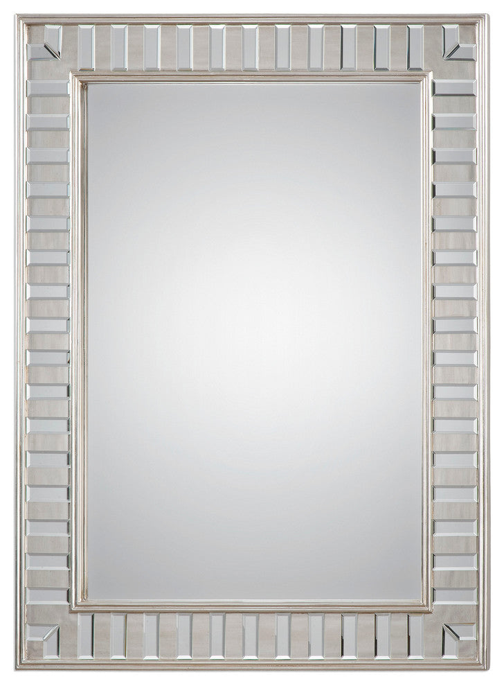 Dazzling Tiled Silver Wall Mirror, Vanity Framed Solid Wood Elegant Venetian