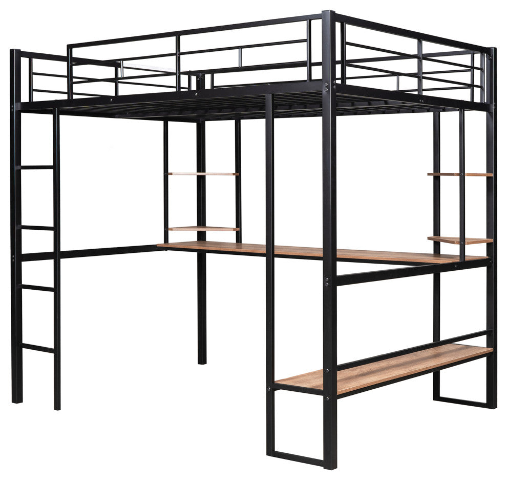 Gewnee Full Size Loft Metal&MDF Bed with Long Desk and Shelves in Black