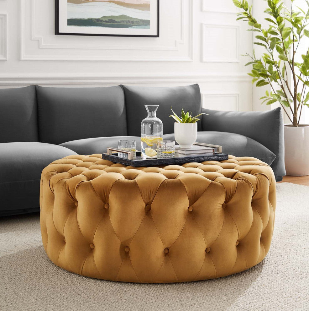 Round Ottoman Accent Tufted Chair, Brown, Velvet, Modern, Lounge Hospitality