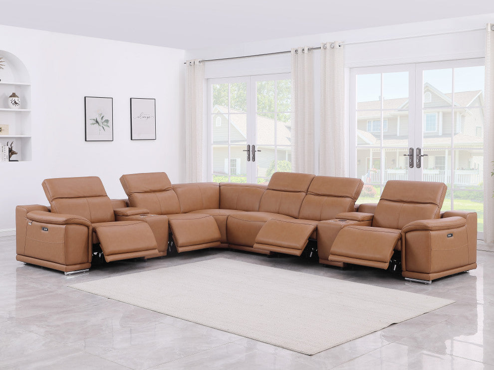 Federico 8-Piece L-Shaped Italian Leather Sectional, 4 Power Recliners, Cognac