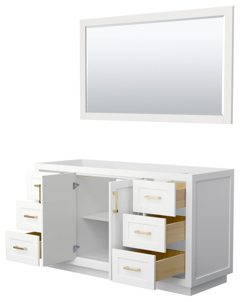 60" Single Bath Vanity, White, No Countertop, Gold Trim, 58" Mirror