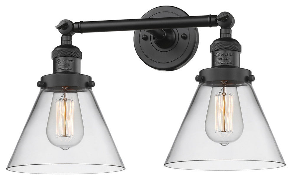 Large Cone 2-Light LED Bath Fixture, Matte Black, Glass: Clear