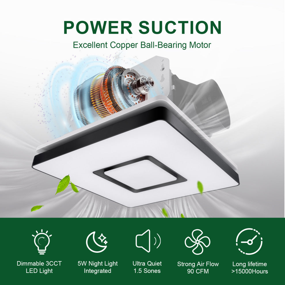 Bathroom Exhaust Fan & Light Combo 90 CFM 1.5 Sones Dimmable Light & Night Light, Matte Black