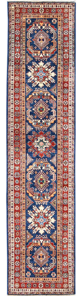 Hand Knotted Navy Blue Afghan Super Kazak Soft Wool Runner Rug, 2'6" x 11'0"