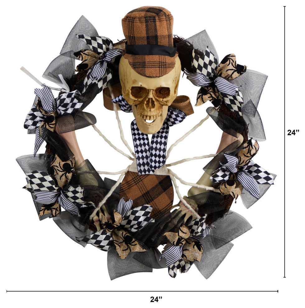 24" Halloween Skull, Plaid Mesh Wreath