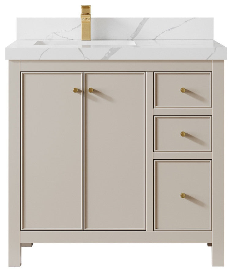 Chicago 36" Left Offset Bathroom Vanity, Fine Grain 2" Calacatta Laza