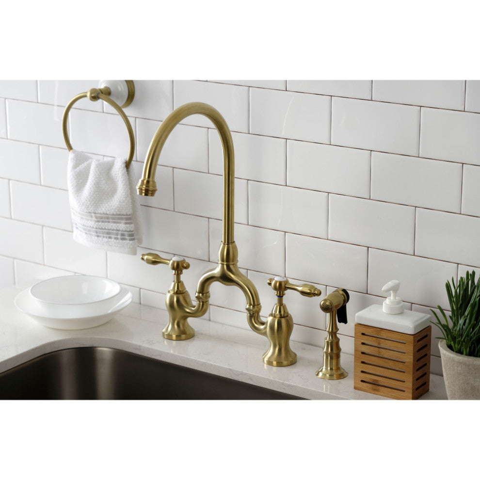 KS7797TALBS Tudor Bridge Kitchen Faucet With Brass Sprayer, Brushed Brass