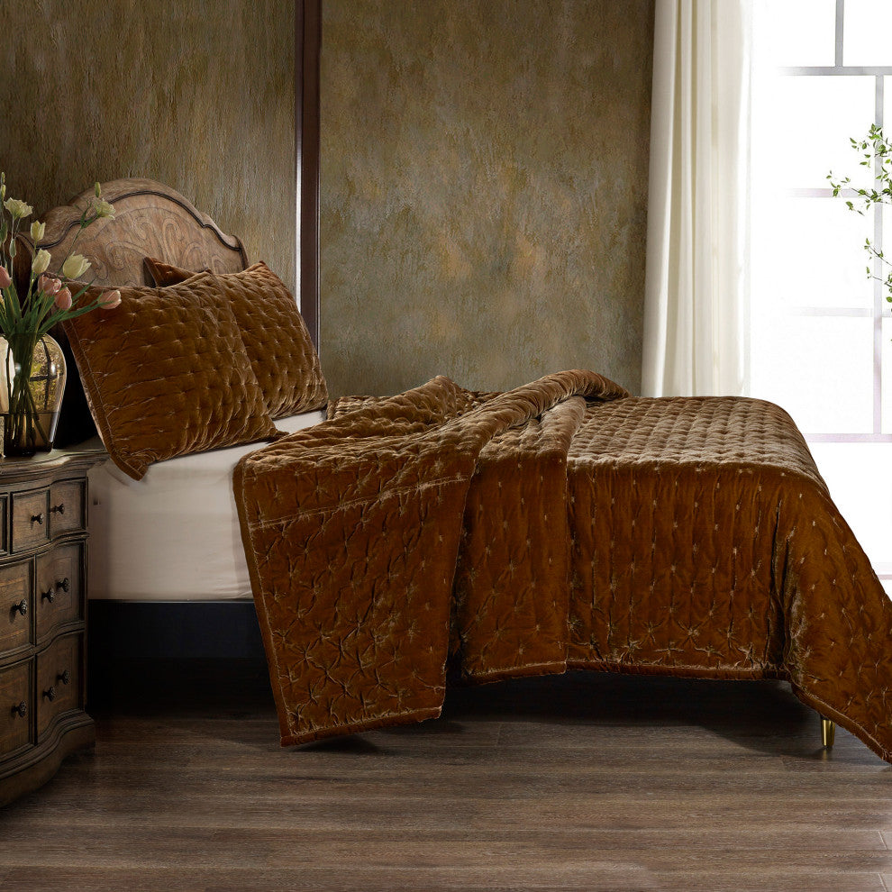 3-Piece HiEnd Accents Stella Faux Silk Velvet Quilt Set, Copper Brown, King