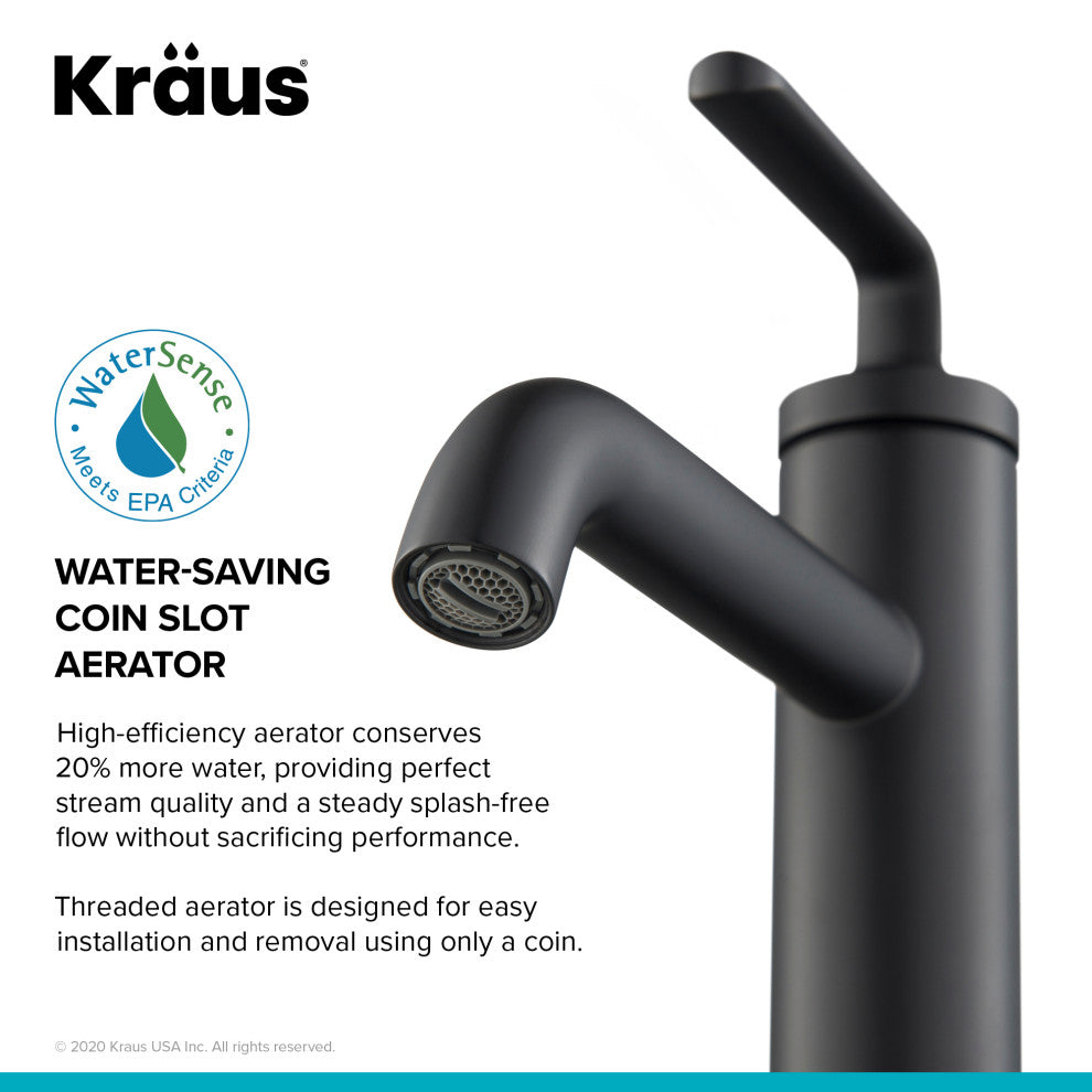 Kraus Ramus Single Handle Basin Faucet, Lift Rod Drain, Matte Black, Set of 2