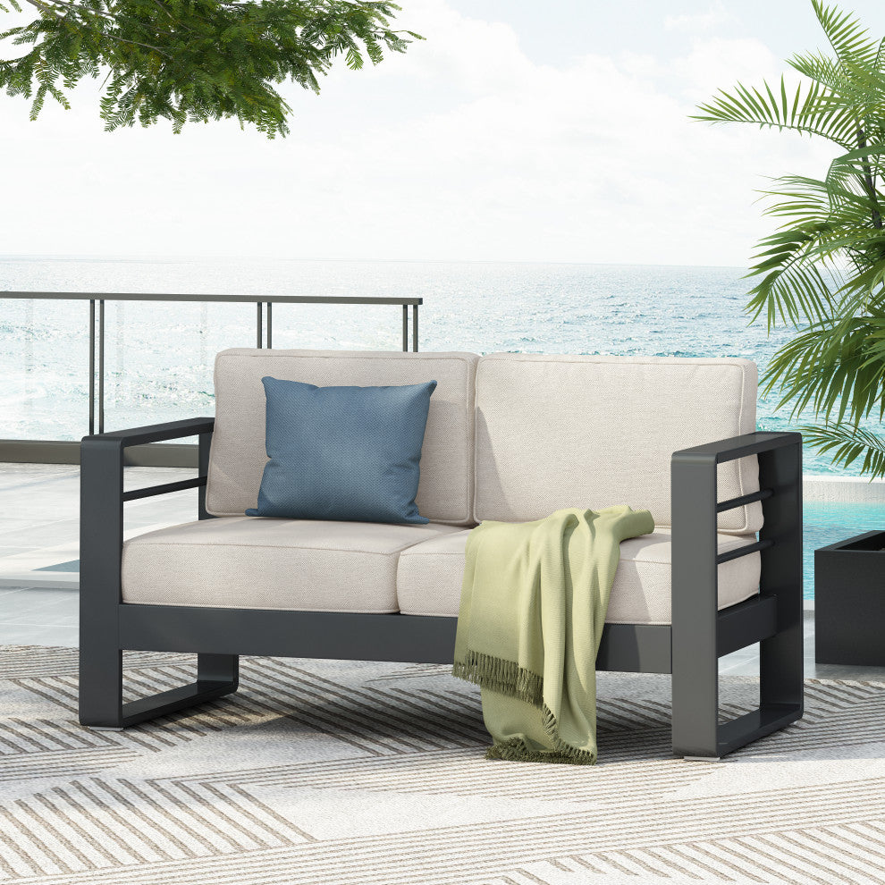 Gadd Outdoor Aluminum Loveseat With Cushions, Black/Beige