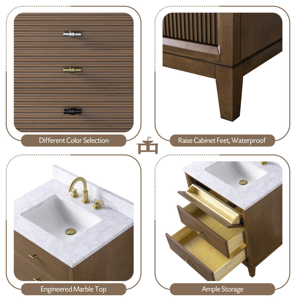 Vanity Art Bathroom Vanity with Engineered Marble Top and Sink, Walnut, 30", Golden Brushed