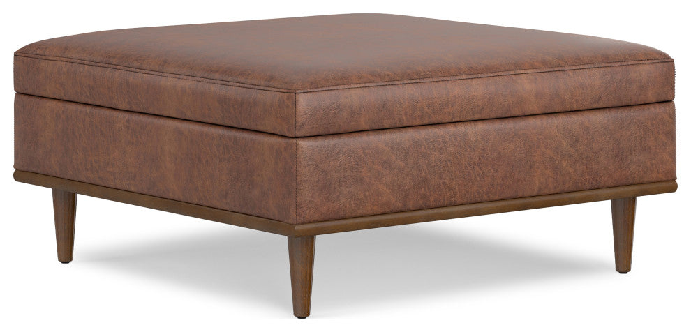 Shiloh Square Storage Ottoman, Distressed Saddle Brown Vegan Faux Leather