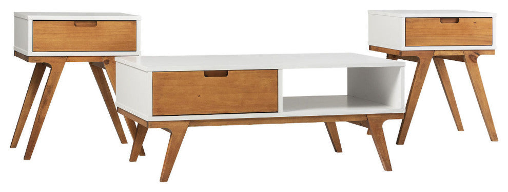 Mateo 3-Piece Bridge Leg Table Set - White and Caramel