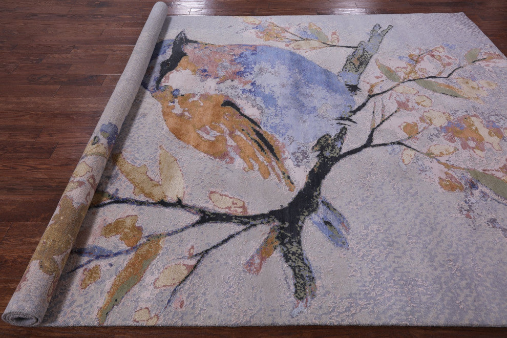 Bird Design Hand-Knotted Wool and Silk Rug 7' 11" X 10' 0" Q8695