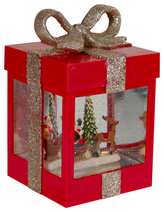 7" Lighted Red Gift Box Christmas Snow Globe With Santa and Reindeer