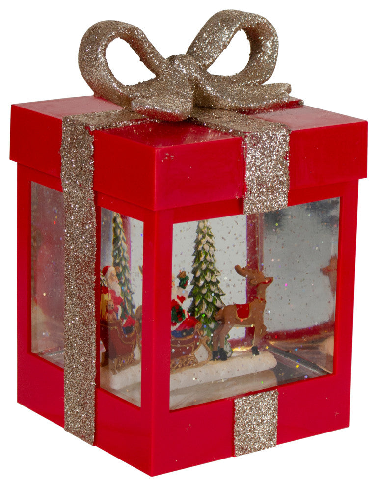 7" Lighted Red Gift Box Christmas Snow Globe With Santa and Reindeer