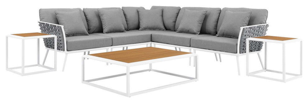 8 Piece Patio Aluminum Outdoor Patio Aluminum Sectional Sofa Set, White Gray