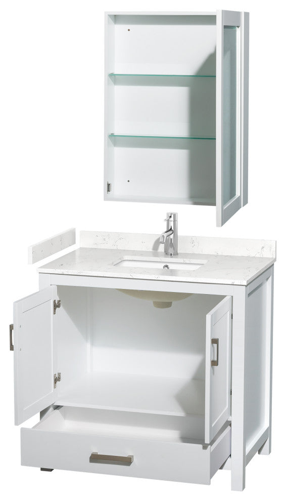 36"SGL Bathroom Vanity White, Carrara Cult. Marble Countertop, Sink, Med.Cabinet