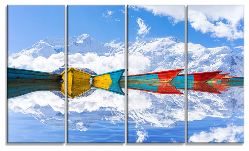 Moving Colorful Boats in Lake, Boat Canvas Art Print, 48"x28", 4 Panels