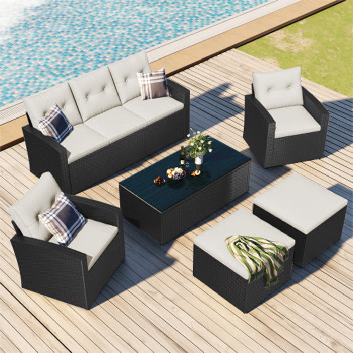 6 piece dark black wicker patio dining conversation sectional set  outdoor furni