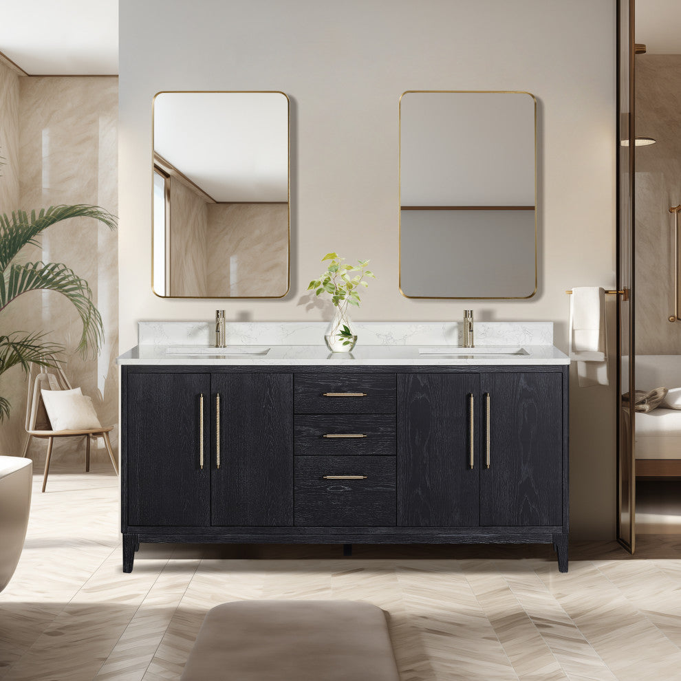 Gara Bath Vanity, Stone Top, Fir Wood Black, 72", Double Vanity, No Mirror