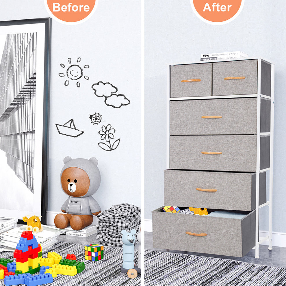 Wide Vertical Home Storage 6 Drawers, Light Gray